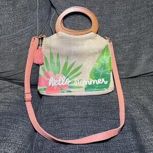 Disney Parks Tropical Hello Summer Mickey Raffia Crossbody Tote Bag Wooden
